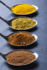 oriental indian spices curry paprika nutmeg on slate