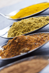 oriental indian spices curry paprika nutmeg on slate