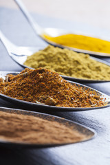 oriental indian spices curry paprika nutmeg on slate