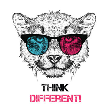 Portrait of the cheetah in the colored glasses. Think different. Vector illustration.