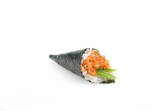 Temaki, Sushi, auf weißem Hintergrund, Foodfotografie