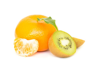 Fresh tangerine with kiwi closeup isolated