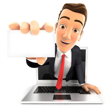 3d businessman coming out of laptop with a business card