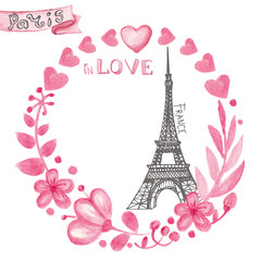 Fototapeta na wymiar Paris in love.Watercolor floral pink wreath,Eiffel tower