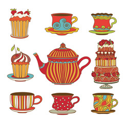 Set cups, cakes and kettle isolated on white background