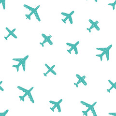 Seamless pattern - blue doodle airplanes