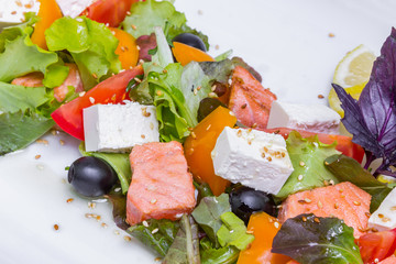 Salmon salad with feta cheese, closeup