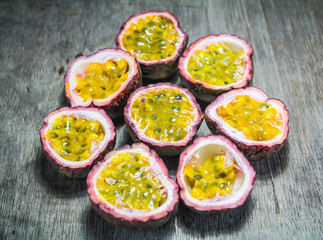 Passion fruit on wooden background