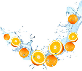 Fototapeta na wymiar Water splash with fruits isolated on white backgroud. Fresh orange