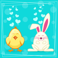 Cute yellow cartoon chicken and rabbit in vector