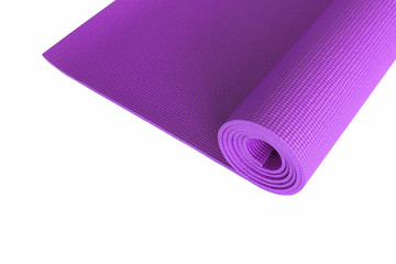 Purple yoga mat isolated on white.