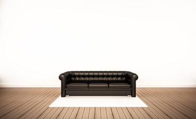 Oak wood floor and white wall, with black leather sofa, 3d rendered