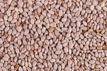 Macro shot of white chia seeds texture background. top view. flat lay.
