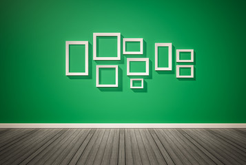 Wall photo frames decoration on Green wall, with dark wood floor, 3d rendered