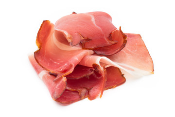 Slices of ham on white background.