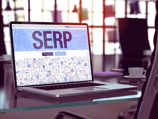 SERP - Search Engine Result Page - Concept - Closeup on Landing Page of Laptop Screen in Modern Office Workplace. Toned Image with Selective Focus. 3D Render.