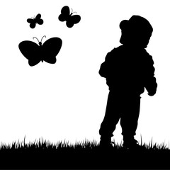 child with butterfly illustration in nature
