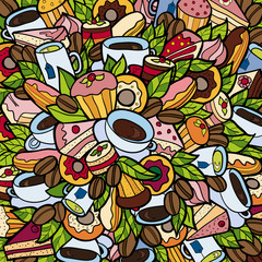 Doodle background Coffee shop Bakery linear food pattern