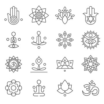 Vector yoga icons and line badges, graphic design elements 