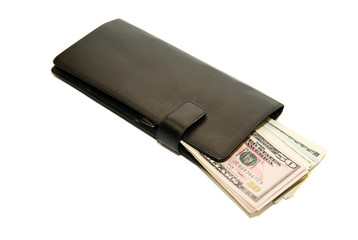 Black wallet with banknotes of US dollars inside