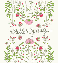 decoration, colorful pattern of wildflowers with a butterfly and the words Hello spring on a yellow background
