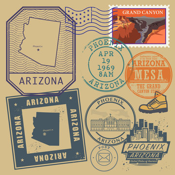 Stamp set with the name and map of Arizona, United States