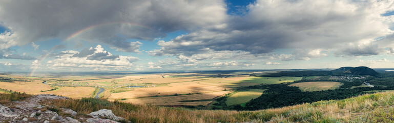 Rural Landscape of Green Fields in Valley in Bashkortostan, Russ