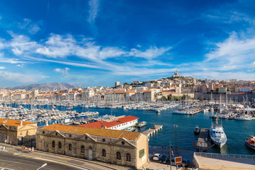Notre Dame de la Garde and olf port in Marseille, France