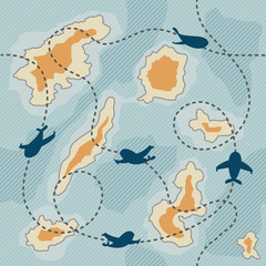 Obraz premium Pattern with airplanes dotted lines route on map with islands. Illustration of map with islands and ocean. Background. Vector.