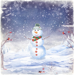 Obraz premium Illustration of snowman, on a background of snow and snowflakes