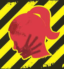 Danger of domestic violence.
Young Woman grunge silhouettee with hand print on the face. On yellow and black striped background. Vector available. 

