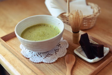 Japanese hot green tea and wire whisk made of bamboo