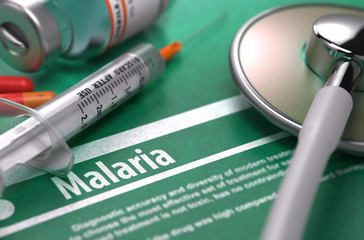 Diagnosis - Malaria. Medical Concept on Green Background with Blurred Text and Composition of Pills, Syringe and Stethoscope. Selective Focus. 3D Render. - obrazy, fototapety, plakaty