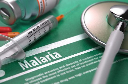 Diagnosis - Malaria. Medical Concept on Green Background with Blurred Text and Composition of Pills, Syringe and Stethoscope. Selective Focus. 3D Render.