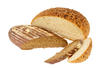 Half a loaf of black and white bread on a white backgroundb