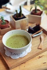 Japanese hot green tea and wire whisk made of bamboo