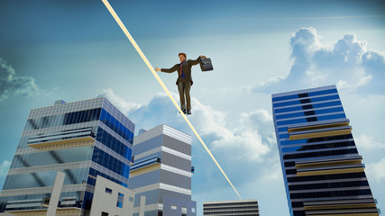 businessman is walking on the tightrope between skyscrapers over the precipice 3D render