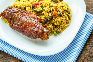 Delicious dish of turkey meat with rice and lettuce