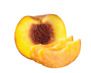 fresh sweet peach and slices isolated on white background