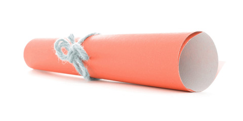 Orange letter scroll tied with unfocused natural rope bow isolated