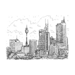 Sydney Tower and skyscrapers view of Sydney, Australia. Vector freehand pencil sketch.