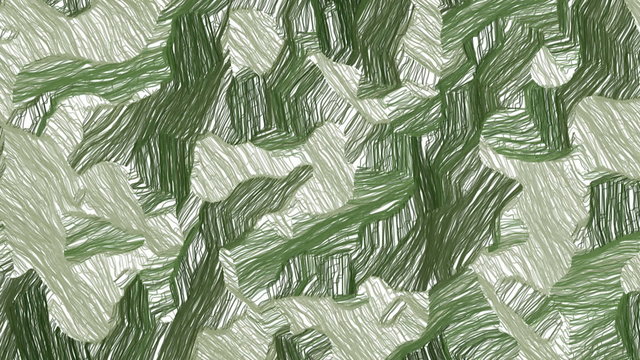 Random animated crayon hatches forms abstract camouflage background. From white to olive green colors.