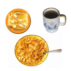 Cereal toast and coffee on white background