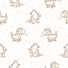 Fairy seamless pattern with cute cartoon dragons on white background. Vector image.