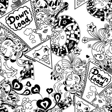 Seamless pattern with arrow down load and  doodle monsters   for coloring page 