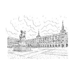 Statue of Philip III on Mayor plaza in the center of Madrid, Spain. Drawn pencil sketch. Vector file
