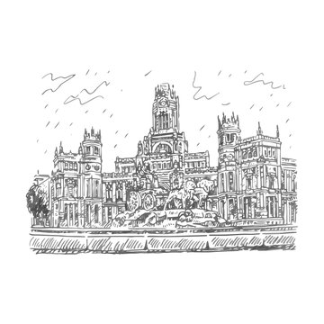 recommend clip art: Cybele Palace and fountain at the Plaza Cibeles in Madrid, Spain. Drawn pencil sketch. Vector file