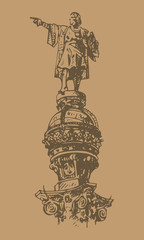 Statue of Christopher Columbus in Barcelona, Catalonia, Spain. Vector freehand pencil sketch.