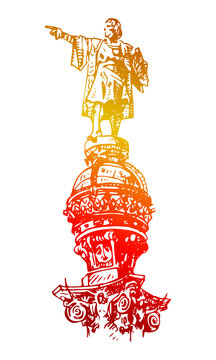 Statue of Christopher Columbus in Barcelona, Catalonia, Spain. Vector freehand pencil sketch.