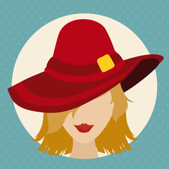 Beauty Lady Face with Red Hat in Flat Style, Vector Illustration
